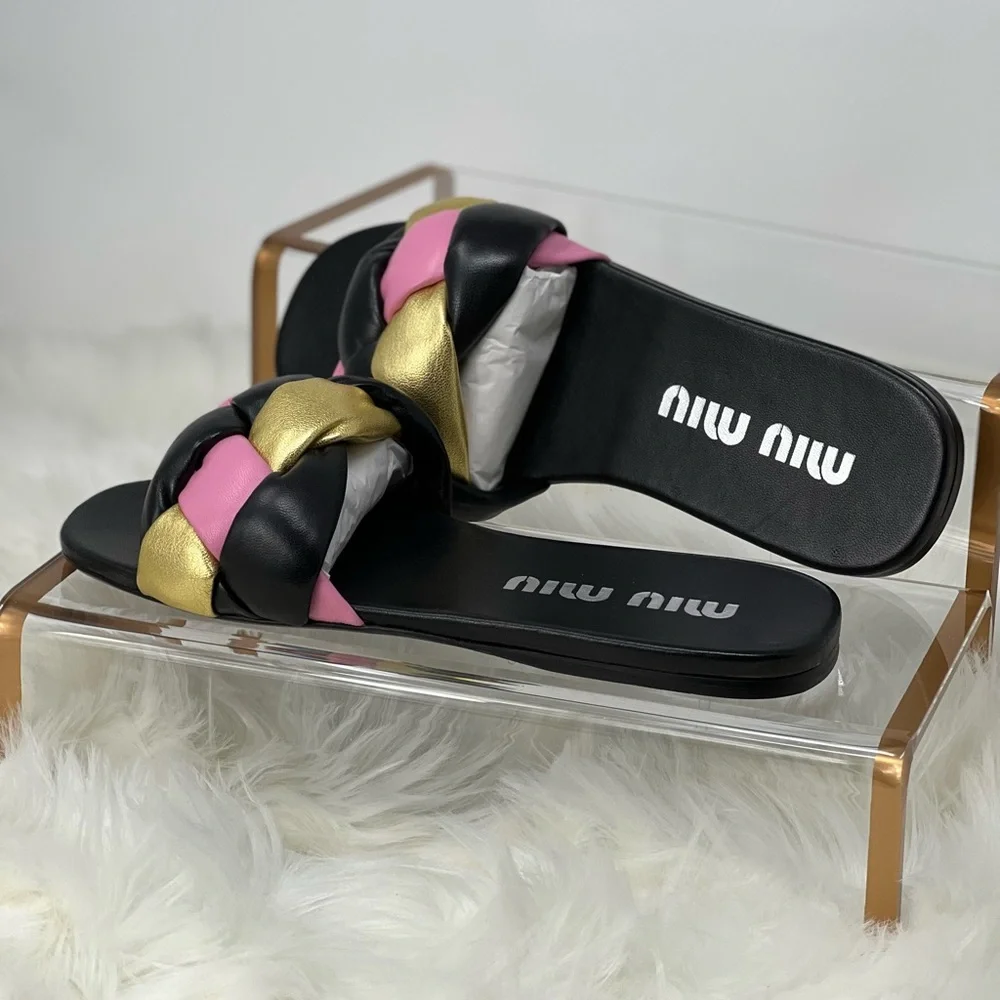 Miu Miu flat nappa leather sandals multicolor black EURO size 39/USA 9 - Picture 3 of 11